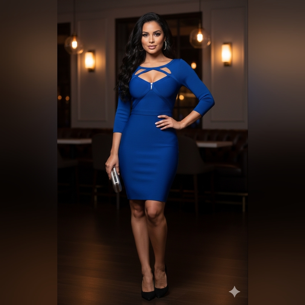 VENUS Royal Blue Bodycon Bandage 3/4 Sleeve Dress With Cut-Out Detail. Size 6